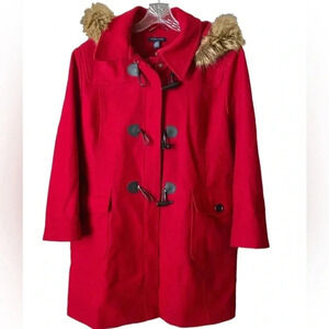 TOMMY HILFIGER | Red Wool Blend Faux Fur Trim Hooded Duffle Toggle Coat, Size XL
